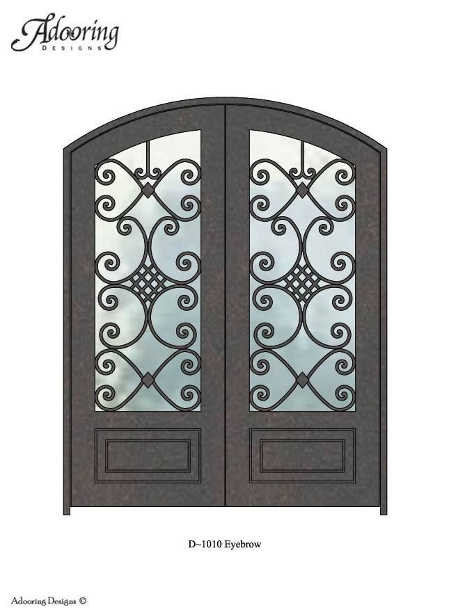 Large window in eyebrow top iron door with complex design