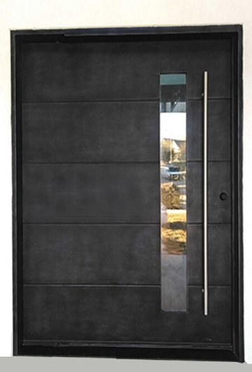 Black finish iron door with window running the length of the handle